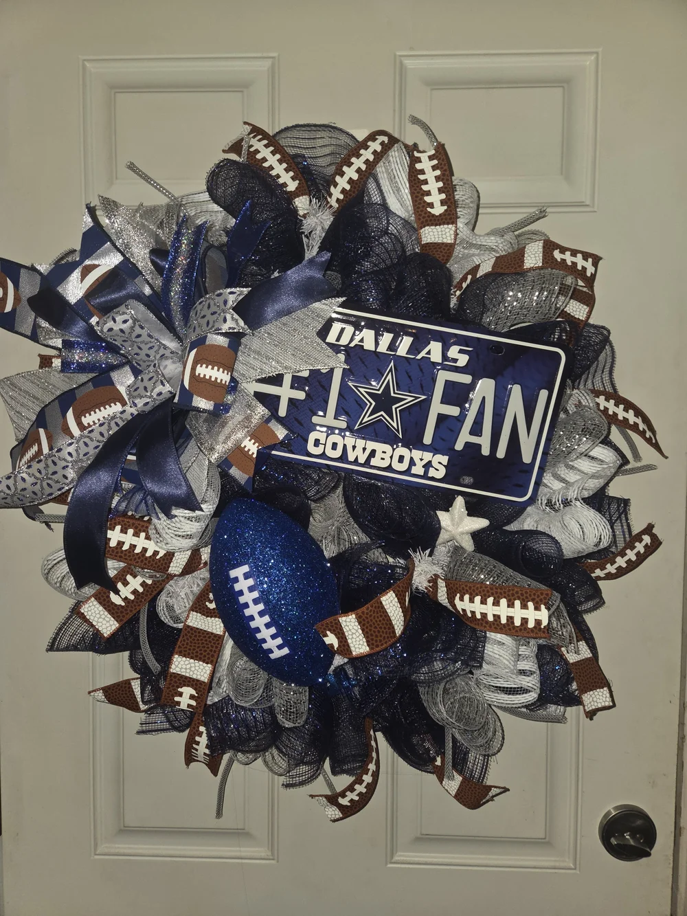 NFL Dallas Cowboys Navy Blue, Silver & Brown Football Fan Wreath